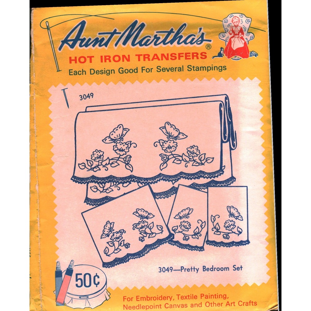 Aunt Martha's Hot Iron Transfers 3049 Pretty Bedroom Set Butterflies Flowers CUT